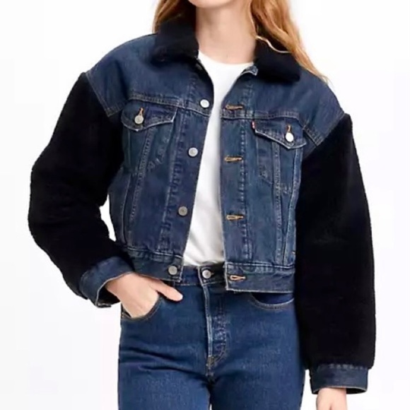 Levi’s Premium Denim Sherpa Bomber Jacket Retro Boxy Fit Trucker Quilted Lining